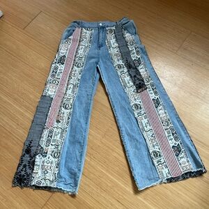 POL Patchwork Light Blue Wide-Leg Jeans with Patterned Panels